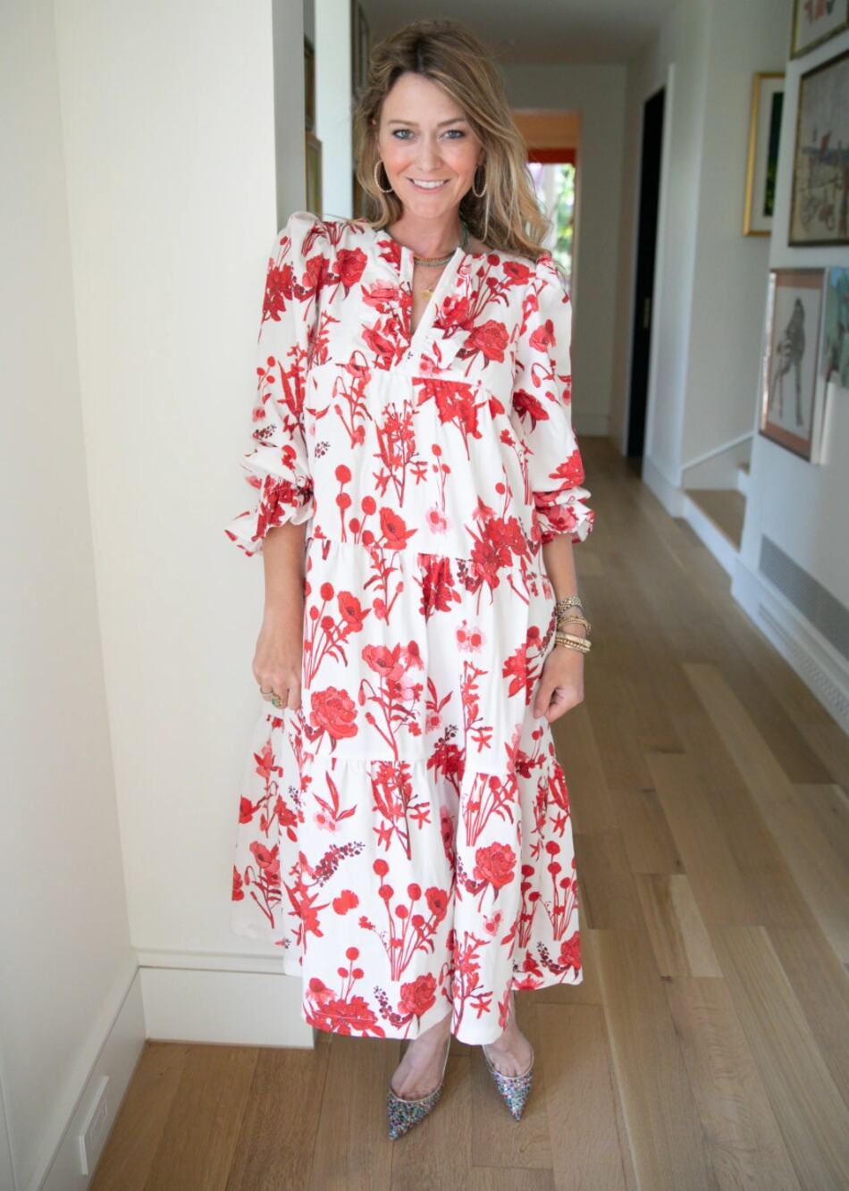 Brooke Wright Tinsley Midi Maxi Dress L Large Red Whtie Floral Tiered Ruffle